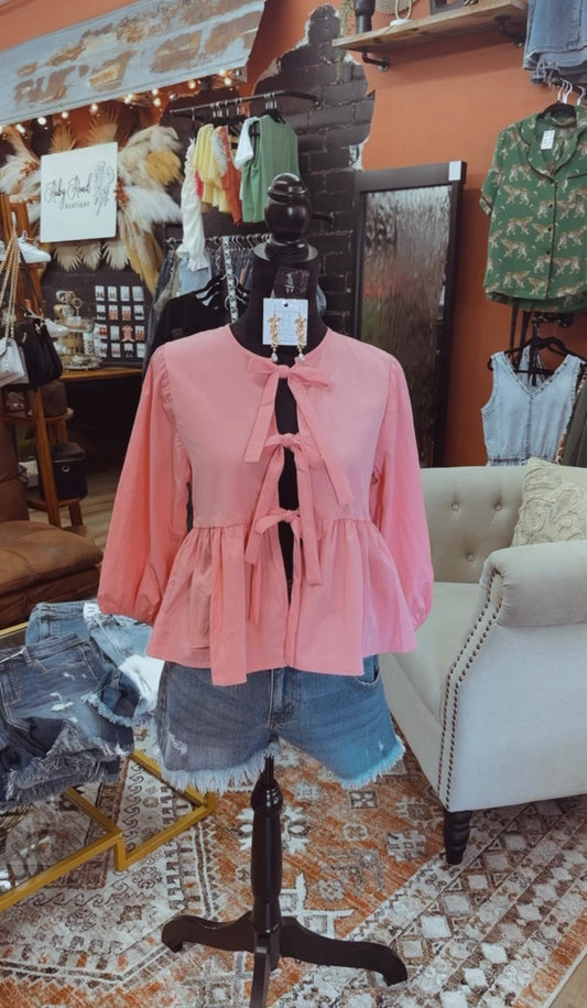 Tie Front Puff Sleeve Bow Shirt