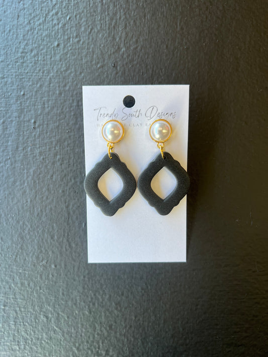 Black Window Earrings w/ Pearl Stud